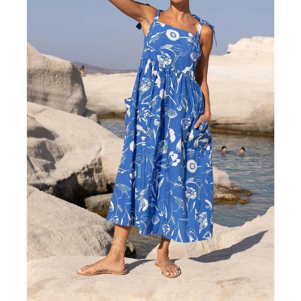NEW OLIPHANT tie strap pocket midi dress in blue audubon - Picture 4 of 4